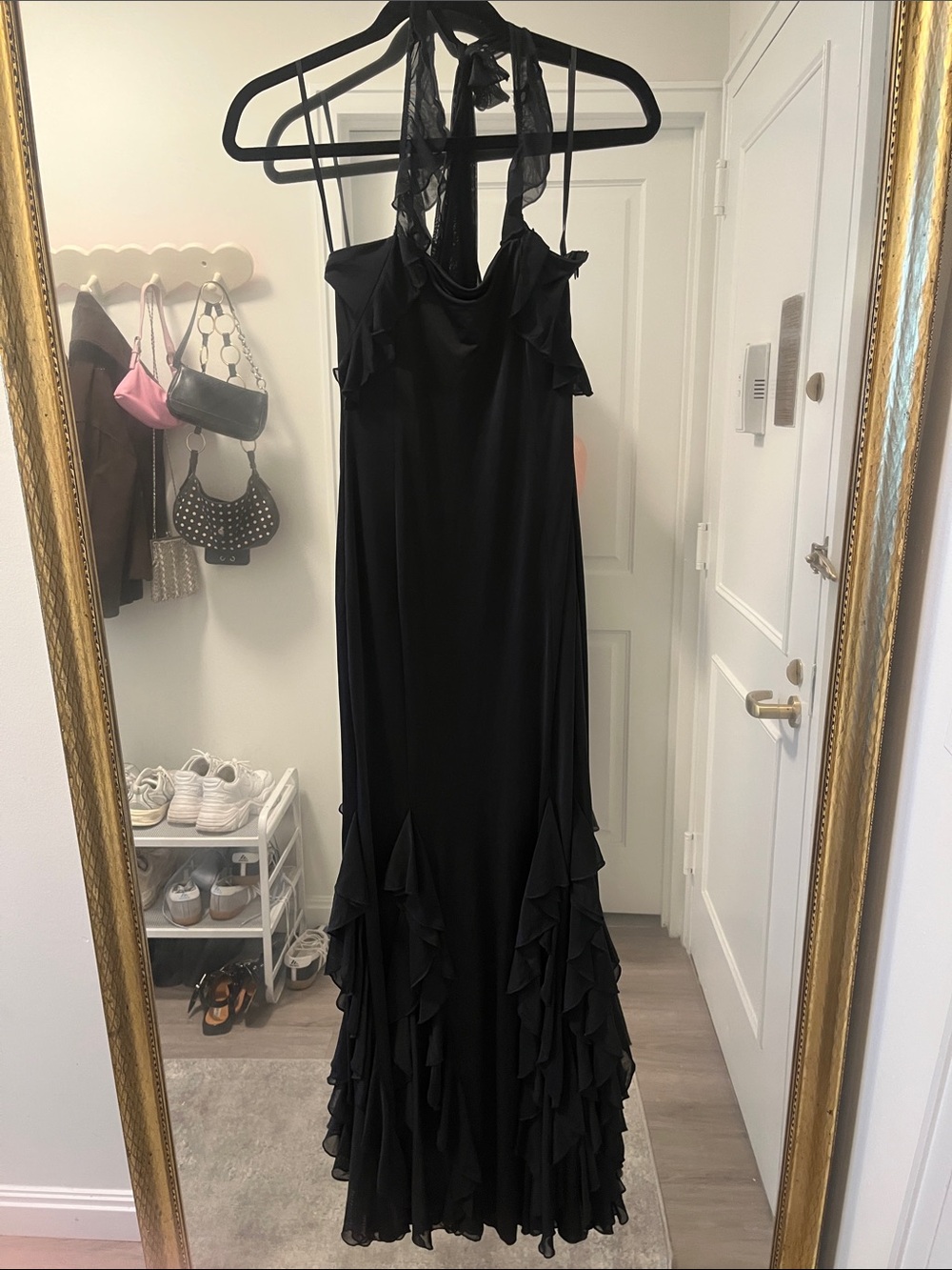 MESHKI Etta Ruffle Slinky Maxi Dress, Black, M - Picture 6 of 8